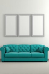 Interior with Turquoise Sofa and Three Blank Frames on Wall Front View Mockup for Art Display in Living Room
