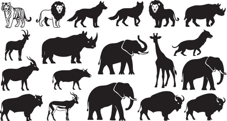 Naklejka premium African Wildlife Animal Silhouettes Collection tiger, tiger, lion, wolf, hyena, rhinoceros, antelope, giraffe, elephant, buffalo, wild animal, safari, savanna, nature, wildlife, silhouette, black and 