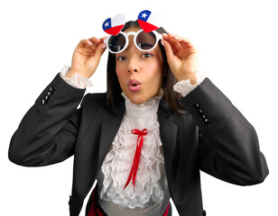 Businesswoman wearing a huasa, traditional chilean clothing, and heart-shaped glasses with the...
