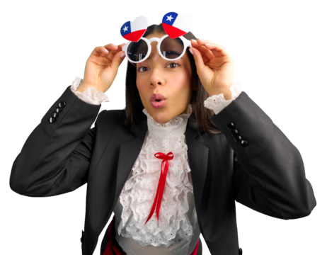 Businesswoman wearing a huasa, traditional chilean clothing, and heart-shaped glasses with the chilean flag celebrating national holidays