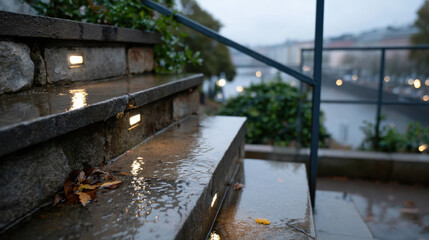 Glistening steps under the rain, featuring softly illuminated edges, inviting viewers to experience the tranquility and beauty found in urban landscapes after rain.