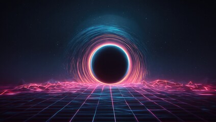 Futuristic portal in a vibrant grid landscape