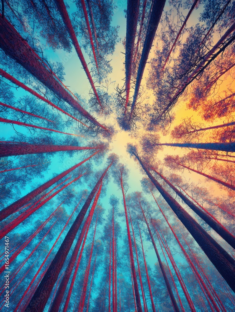 Poster looking up at tall pine trees in forest with colorful sky from worm's eye view in autumnal light