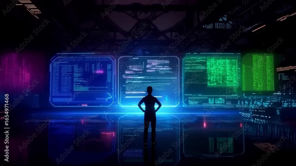 Poster silhouette standing between holographic digital screens with complex data visualization. technologic