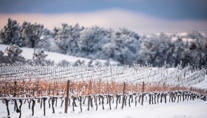 winter in the vineyard with snow blankets dormant vines and ambient light