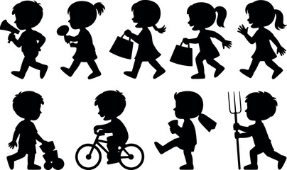 Obraz premium Diverse silhouettes of children engaged in various activities showcasing childhood fun and play