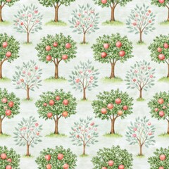 Hand-drawn seamless pattern of apple trees with red fruit, leaves and grassy ground in a watercolor style for fabric, wallpaper, or stationery.
