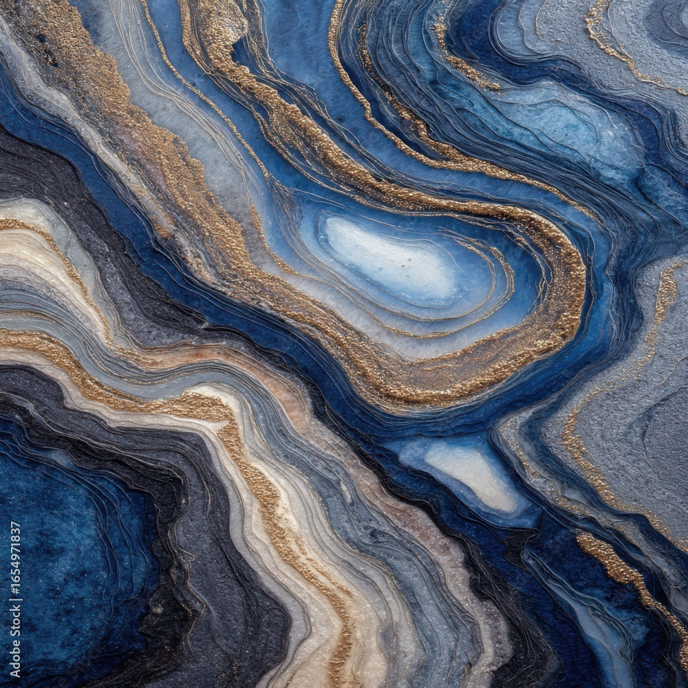 Aufkleber abstract art showing blue and gold agate layers in a close up top down view creating a luxurious and