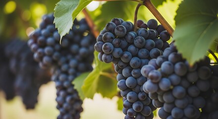 Lush dark grapes hang elegantly from the vine with vibrant green leaves surrounding them