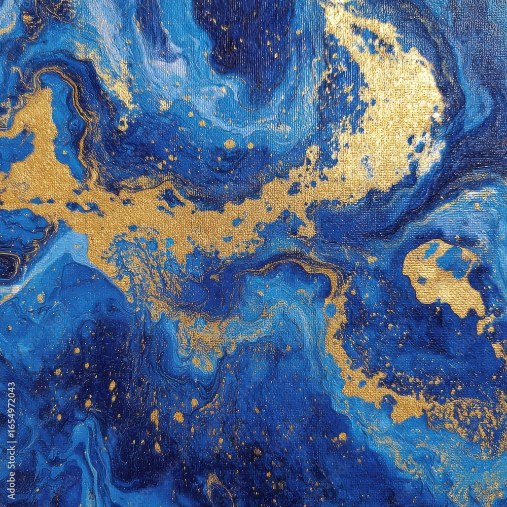 Poster abstract painting close up showing gold and blue fluid art on canvas creating a marbled effect with 