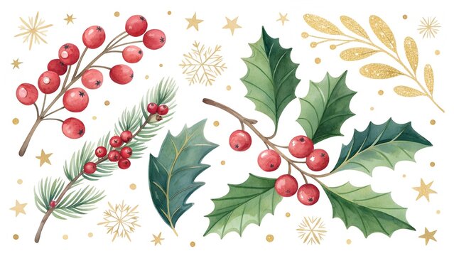 Watercolor illustration of christmas botanical elements including holly berries, pine branches, and golden glittery leaves and stars, ideal for festive holiday designs