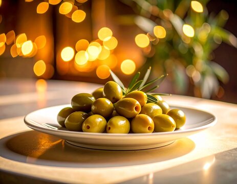 Plato blanco simple con aceitunas verdes sobre mesa lisa clara
