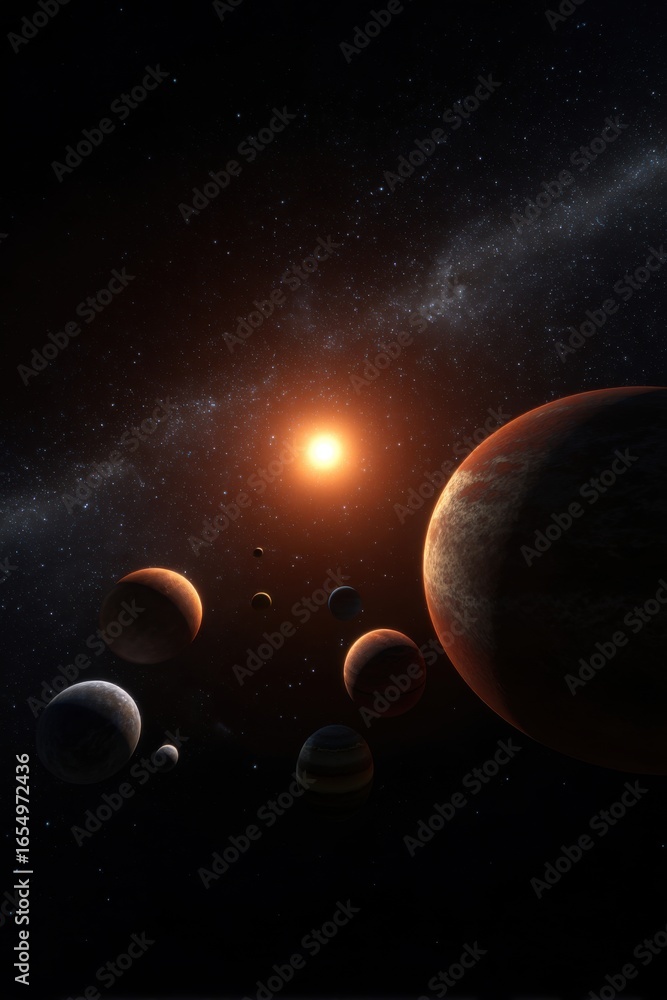 Poster dramatic space scene with planets orbiting a distant star in a galaxy view from below with dark back