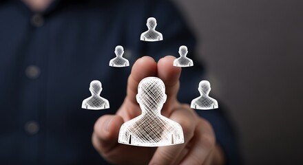 Digital Human Network Concept  Person Icon Selection on Finger Tip  Business Strategy  Team Management Visualization Stock Photo