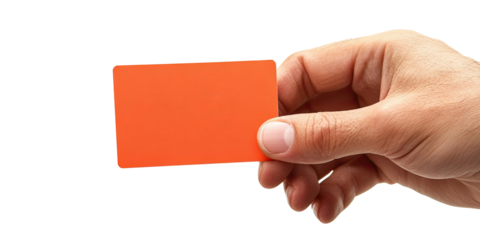 Hand holding blank orange card isolated on white transparent background