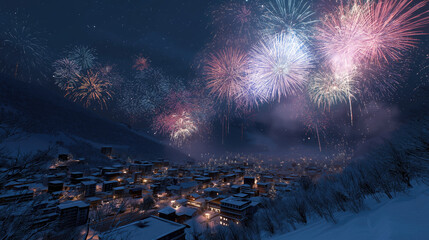 Winter festival fireworks lighting up snowy rooftops.