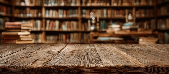 Wooden table top in front of a blurred library interior