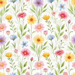 Fototapeta premium Seamless hand-drawn watercolor floral pattern with pastel daisies, wildflowers and green foliage on a white background.