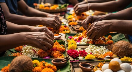 Communal Preparation of Festival Offerings with Flowers and Fruits