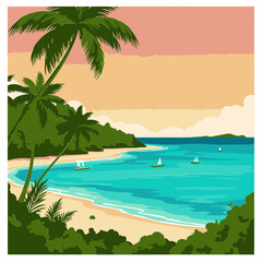 Obraz premium Tropical beach scene with lush vegetation and sailboats at sunset. Peaceful scene with palm trees, sand, and turquoise water. Tourist destination illustration. Vacation paradise -