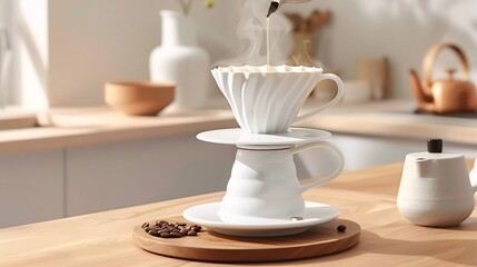 Artisanal Pour Over Coffee brewing, V60 dripper, gooseneck kettle, steam rising, specialty coffee shop ambiance, morning light, eye level