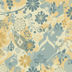 Abstract floral pattern in muted colors with a vintage aesthetic. Seamless design with stylized flowers, leaves, and scrolls in a light beige and muted blue/gray palette.