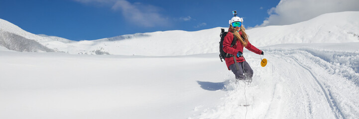 Woman Snowboarding in Fresh Powder Wide Banner
