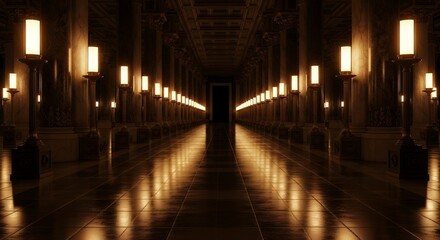 Elegant Hallway with Luminous Lanterns  Architectural Interior Design Atmospheric Perspective Detailed Stone Columns Warm Lighting Long Corridor