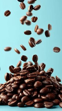 coffee beans falling on top of each other isolated on a light blue background