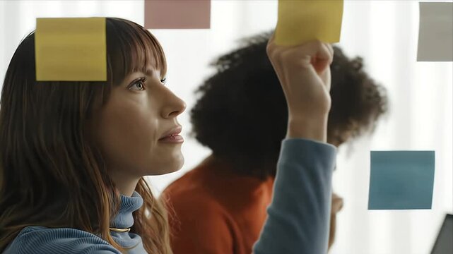 Diverse Women Collaborating with Sticky Notes on a Glass Board for Brainstorming Innovative Ideas and Project Planning in a Modern Creative Office Workspace