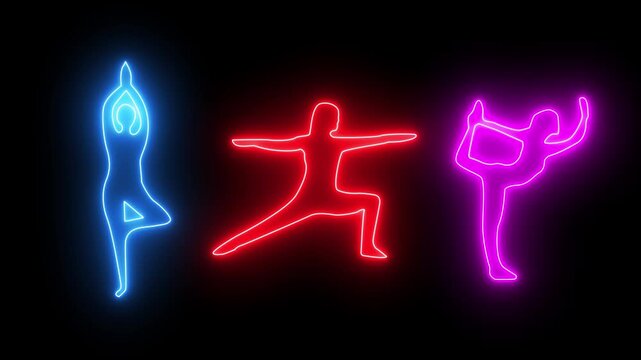 Glowing Neon glowing sign of yoga exercises. Neon glowing sign of yoga exercices club with black background. Women practice meditation and stretching. Healthy lifestyle concept