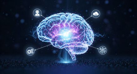 Luminous digital brain with a glowing core, symbolizing artificial intelligence, data processing, and human-machine interaction in the context of advanced technology, innovation