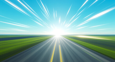 Vibrant blue sky with bright sunburst over a blurred green landscape and asphalt road with yellow lines creating a sense of speed and motion