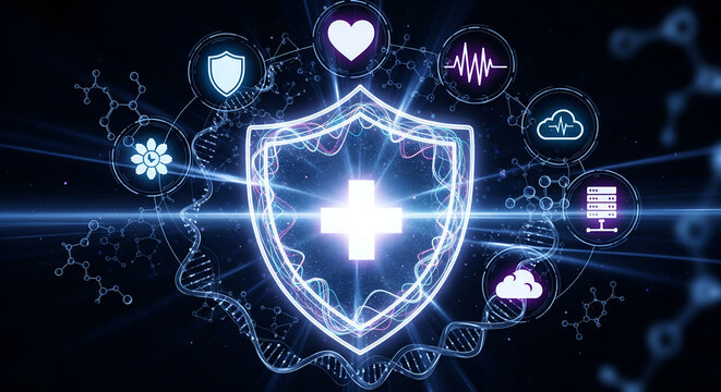Digital shield with a cross surrounded by medical icons, symbolizing immunity, healthcare, and health protection in the age of advanced technology, data security - Powered by Adobe