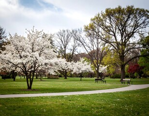 Fototapeta premium Spring park scene with blossoming trees and pathways