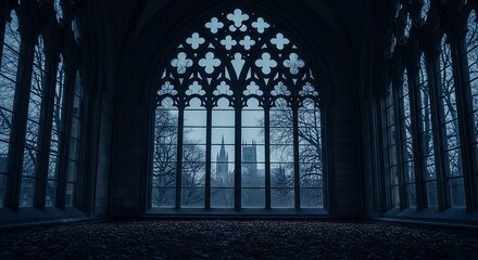 Gothic Window View of Castle Landscape Dark Blue Interior Architecture Photography for Home Decor Wall Art Prints