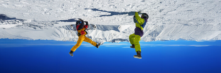 Upside Down Skiers on a Mountain Wide Banner