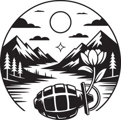 Nature's Resilience Grenade with Flower Silhouette Symbolizing Peace Amidst Conflict Scenery