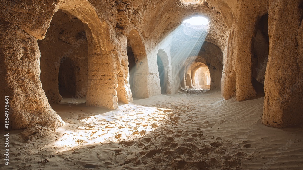 Poster subterranean passageway with light streaming in, creating a mystical atmosphere in this unique, anci