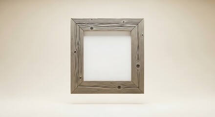 Rustic wood picture frame floats against a soft, neutral background, perfect for showcasing memories.