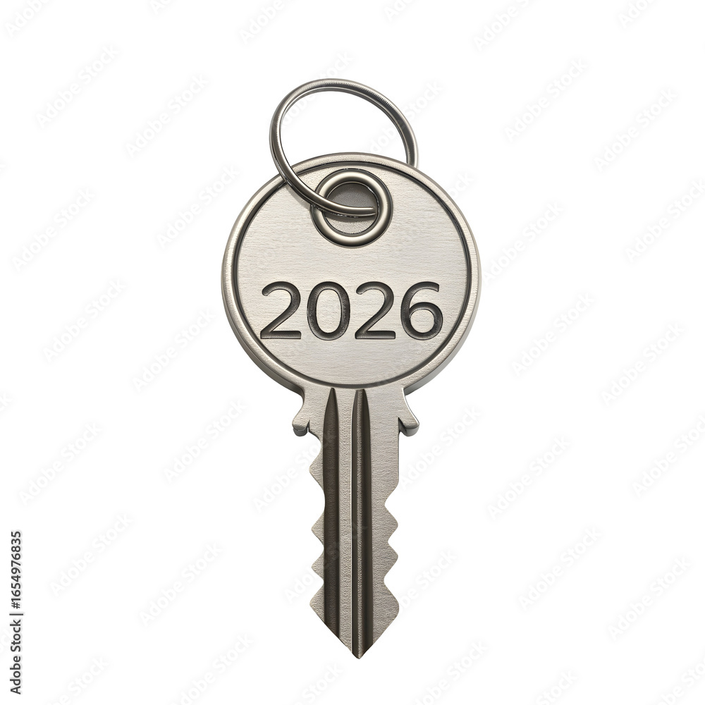 Poster Silver key with the year 2026 engraved on its circular head isolated on a transparent background