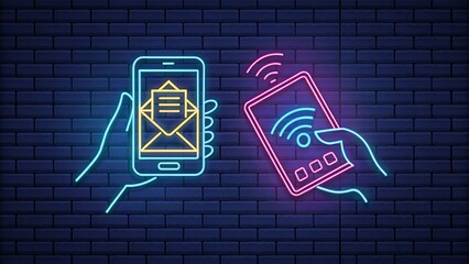 Neon Smartphone Communication Concept with Email and Wireless Connection on Brick Wall Background for Modern Digital Lifestyle