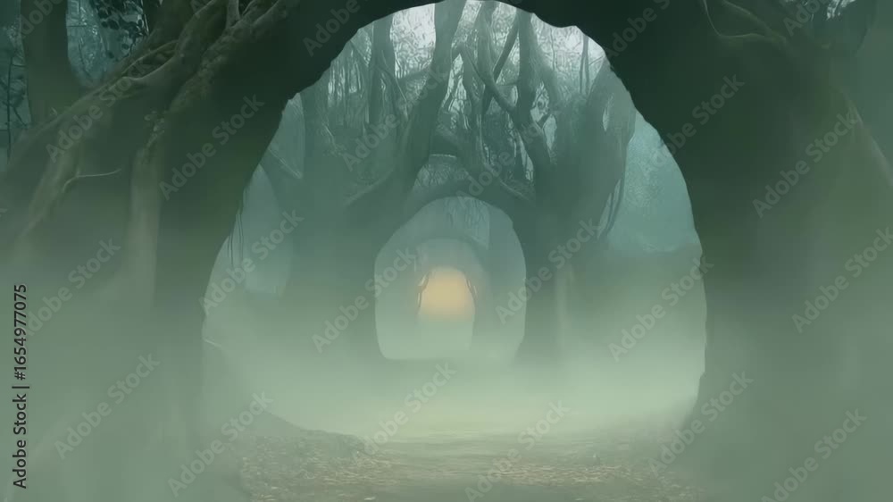 Poster enchanted forest scene with twisted trees creating natural archways, dense fog surrounding mysteriou