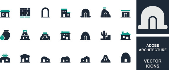 A unique set of  adobe architecture icons featuring traditional mud houses, pueblo designs, rustic textures, and cultural elements, perfect for heritage and design projects.