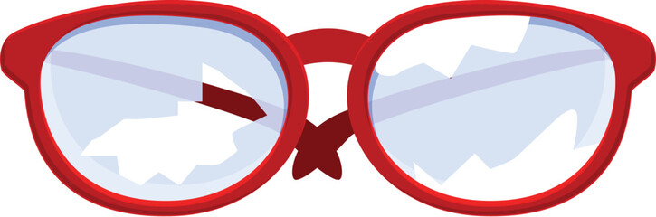 Red eyeglasses with broken lenses representing poor eyesight or an accident