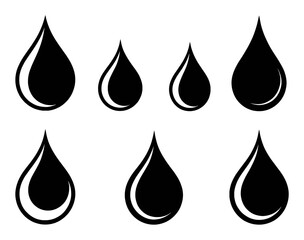 Black ink drop shapes with white highlights on a white background droplet liquid