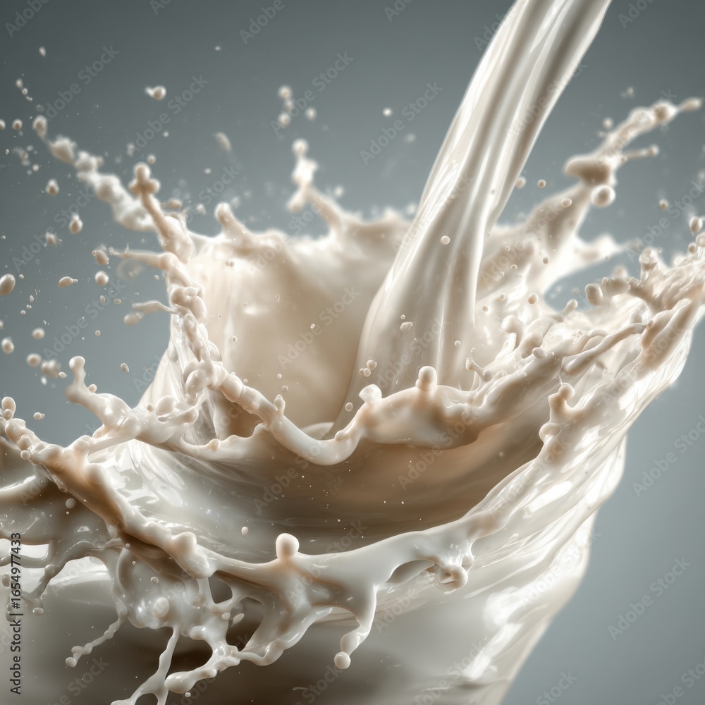 Poster milk pouring with dynamic splash in studio shot; nutritious dairy liquid action with creamy texture 