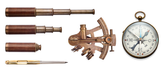 Old geographical compass, telescope, sextant, navigation divader isolated on a white background....