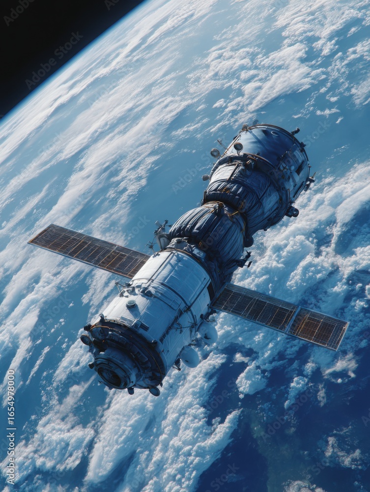 Poster spacecraft orbiting above earth with clouds below in vertical shot showcasing exploration and techno