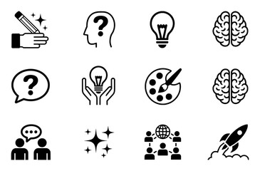 Collection of black icons related to ideas creativity and thinking on a white background brain
